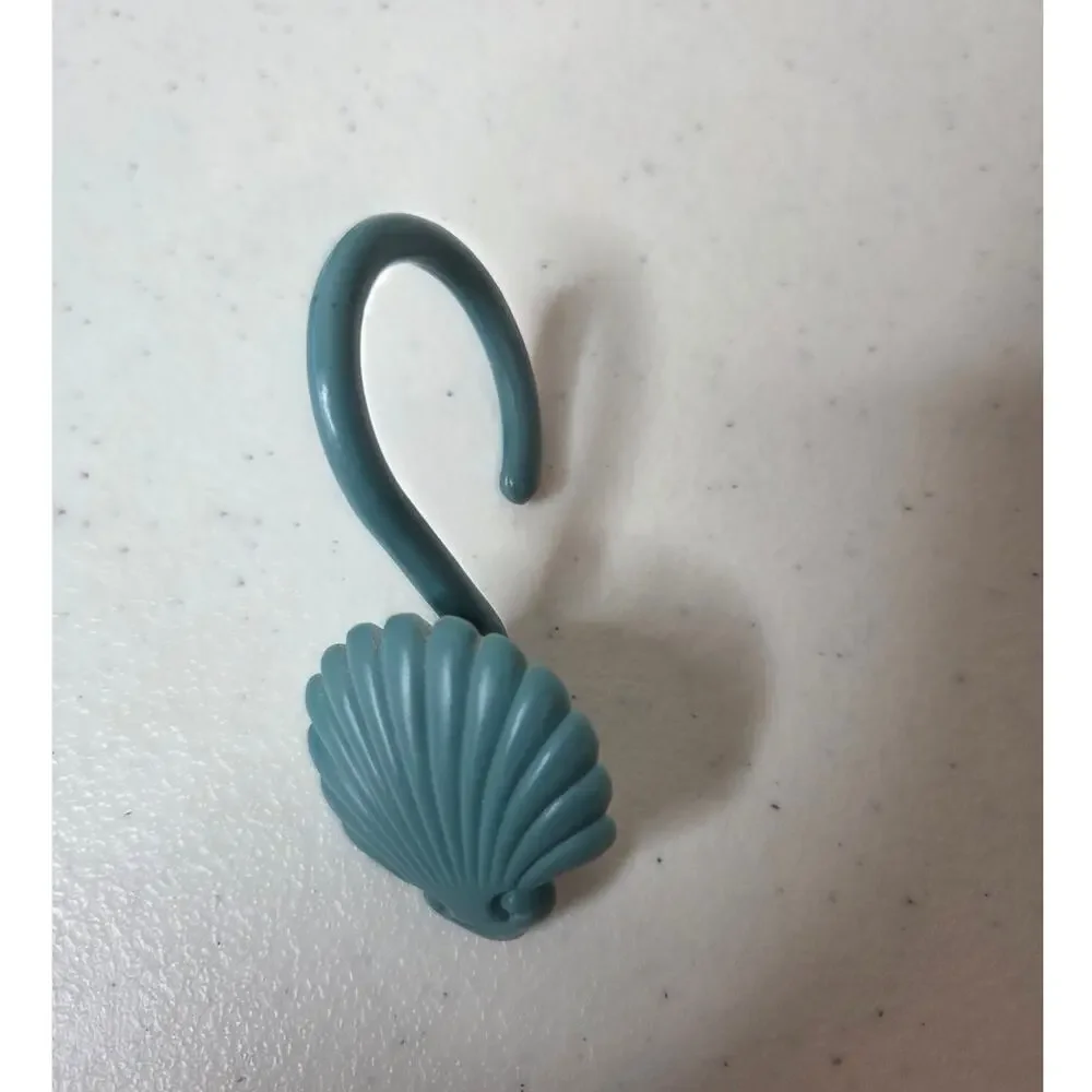 Vintage 1980's 12 Shower Curtain Hooks Hard Plastic Sea Shells Teal Aqua